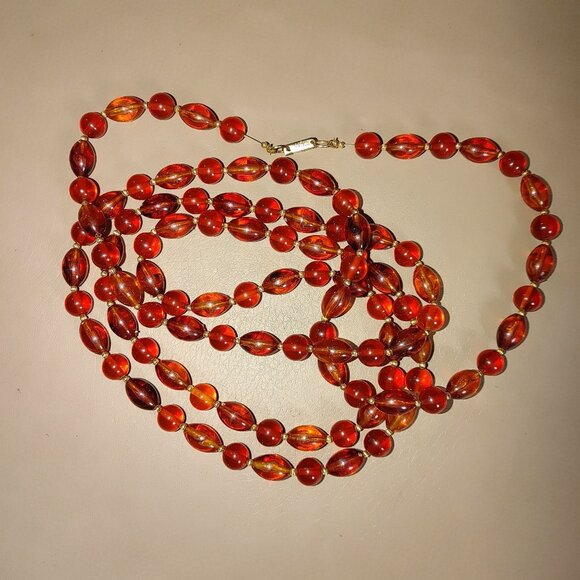 Hobe Necklace Vintage Brown Red Ambar Lucite Bead Gold Tone Accents 54 Inches - Picture 16 of 16